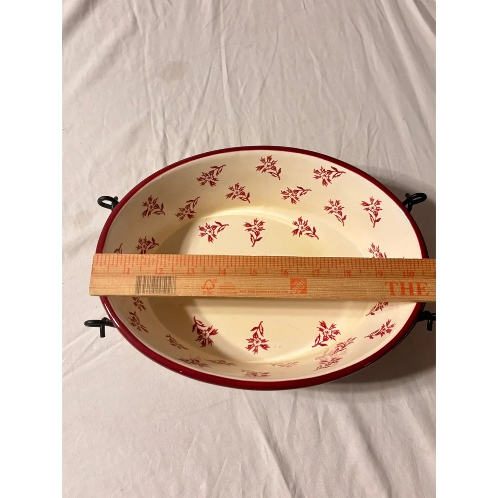 Temp-tations Floral Lace Oval Baker Set Red Cream Ceramic 2pc with Wire Racks EX
